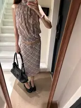 レトロデザインのストレートチェック柄スカートと抽绳付きビスチェ【多様な着こなし対応】（セットアップ対応）