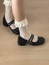白色のレトロフレンチスタイルの粗いヒールの浅口パンプス【夏用・柔らかいソール】（セットアップ対応）
