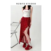 大きいサイズ レディース 不規則フリルデザインのハイウエストスカート【赤いフラワープリント・フィッシュテール・開衿デザイン】（セットアップ対応）