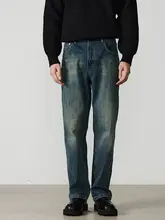 深い青色のデニムパンツ【メンズ・秋冬用・フィット・ストレートシルエット】