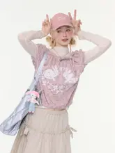 春夏デザインのウサギプリントニットTシャツ【ドロップショルダー・短袖】