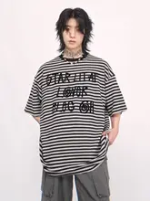 半袖Tシャツ メンズ ストライプ 英字 アメリカンストリート ヴィンテージ ルーズ 夏 カップル お揃い トップス 「Mz」