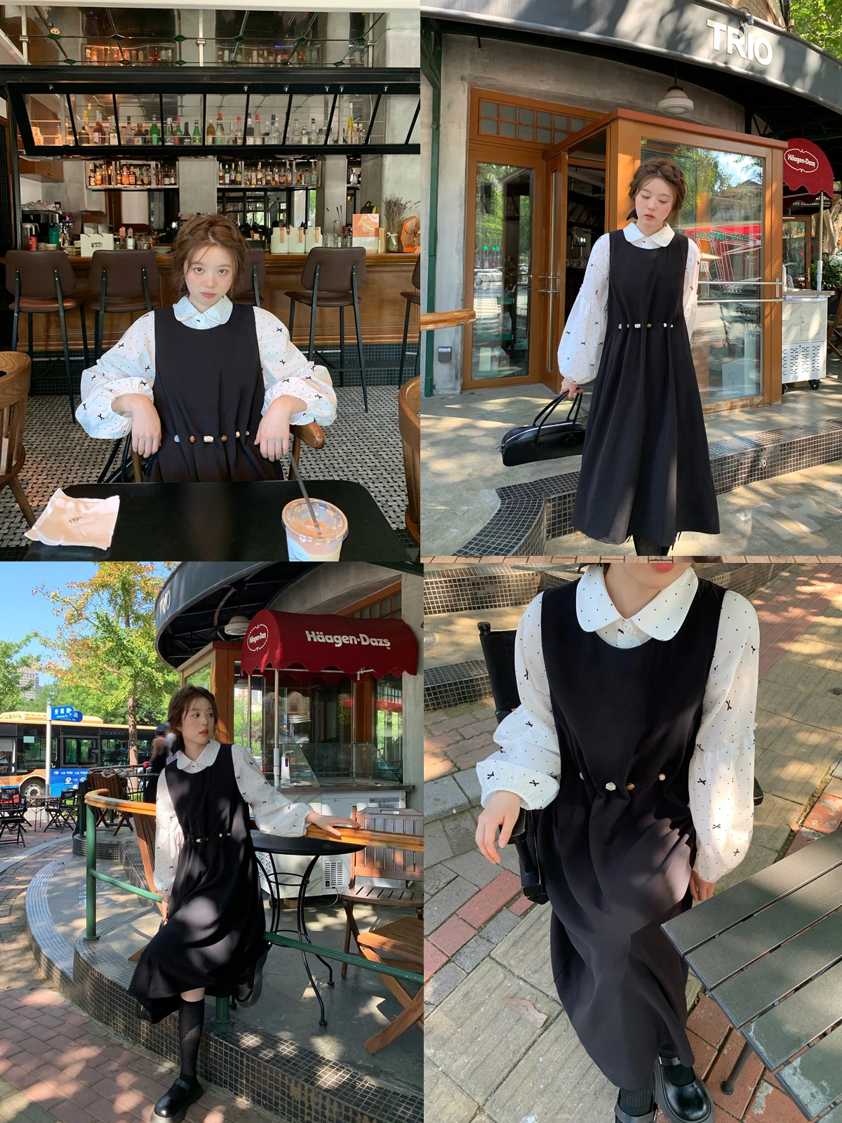 大人向けきれいめコーデにぴったりな黒色ストーンプリントワンピースセット