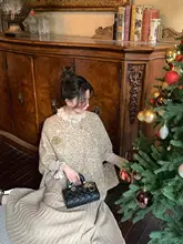 ケープコート レディース ツイード風 光沢 お嬢様風 上品 小柄 冬