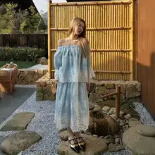 氷河ブルーシリーズのデザイナー刺繍シャツとスカートのトップス【春用・美しい刺繍】（セットアップ対応）