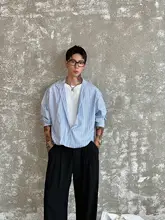 Vネック長袖シャツ【ブルー＆ホワイトストライプ・フィット・穴あけ不要】（セットアップ対応）