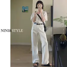 ホワイトワイドレッグデニムパンツ【高腰・ストレート・フィット】