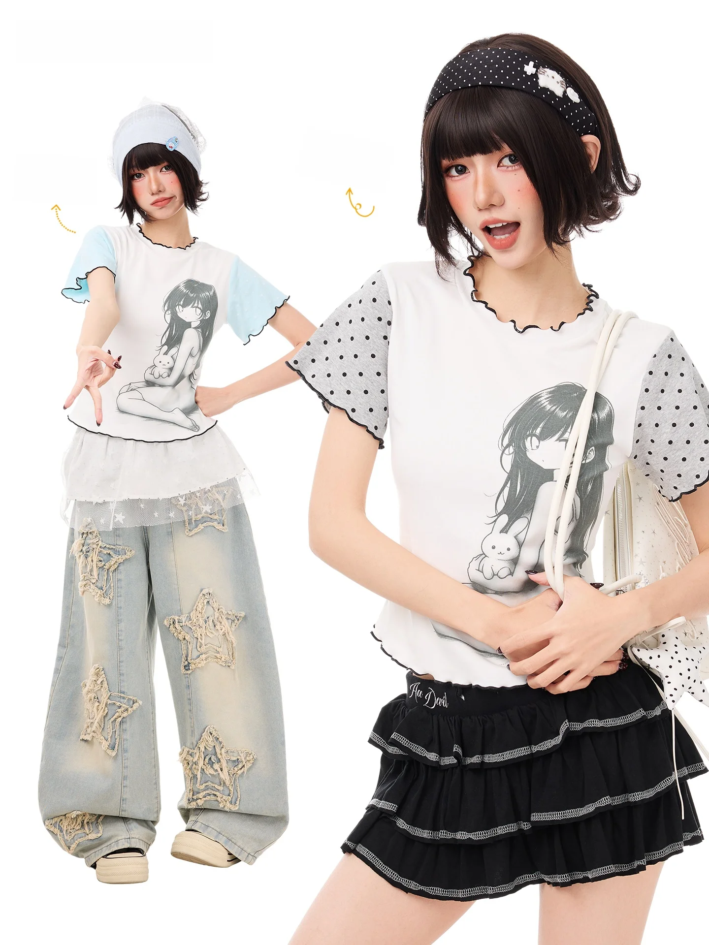 カートゥーンデザインのショートスリーブTシャツ：Y2Kスタイル・ドット柄・フリル付きの夏用カスタムアイテム