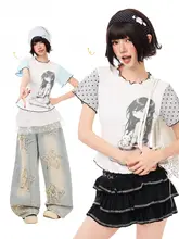 半袖Tシャツ レディース サブカル Y2K キャラクター柄 水玉 パッチワーク フリル 短丈 トップス 夏