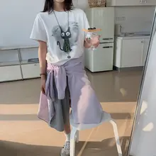 小猫プリントのゆったりラウンドネックTシャツ【春夏用・短袖・カジュアル】