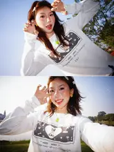小犬のプリント入り丸首長袖Tシャツ【春用・フィット・女性用】