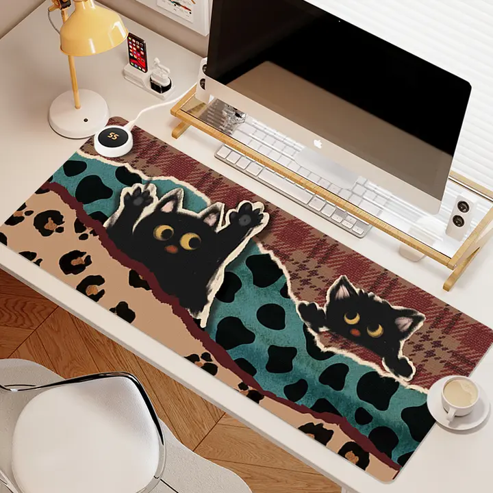 黒猫デザインの加熱マウスパッド【超大サイズ・冬用・防水・快適デスクトップ】
