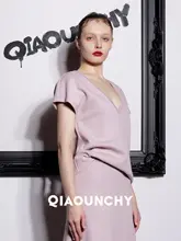 QIAOUNCHY フィッシュテールニットマキシスカート【ピンク・VネックTシャツ付き・春夏用】