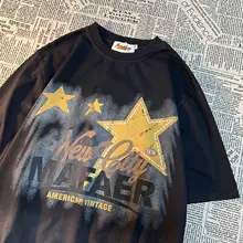 アメリカンヴィンテージ星柄プリント染め分け半袖Tシャツ【ユニセックス・ルーズフィット・ウォッシュ加工】