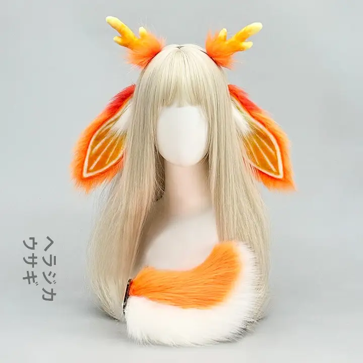 オレンジ模様のウサギ耳ヘアバンド【ハンドメイド・リアルなシカ角デザイン・パーティーやマン展用】