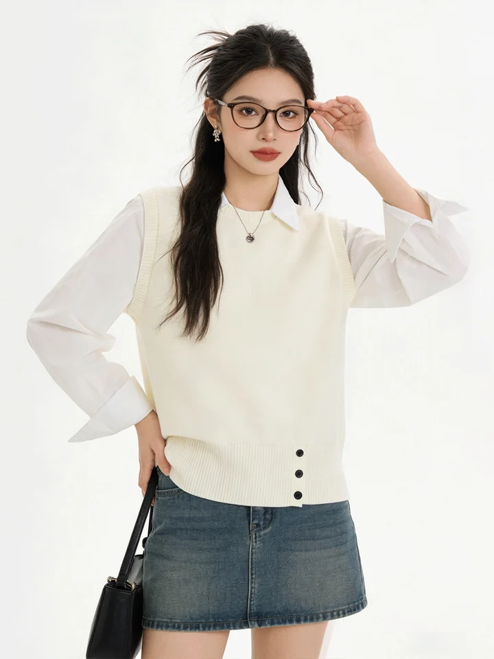 春先にぴったり！杏色のニット重ね着風シャツ【カジュアルな学院スタイル・スリムフィット】（セットアップ対応）