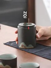 手描きの遠山デザイン 茶葉缶【黒陶製・密封タイプ】