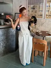 珠串付きドローコードワイドレッグパンツ【女性用・ホワイト・コットン・デザイン】