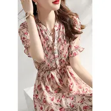 女性用フラワープリントシフォンワンピース【ウエストマーク・ショートスリーブ・夏用】