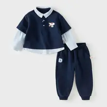 セットアップ 2点セット キッズ ボーイズ プレッピースタイル 秋物 フェイクレイヤード トップス ロングパンツ
