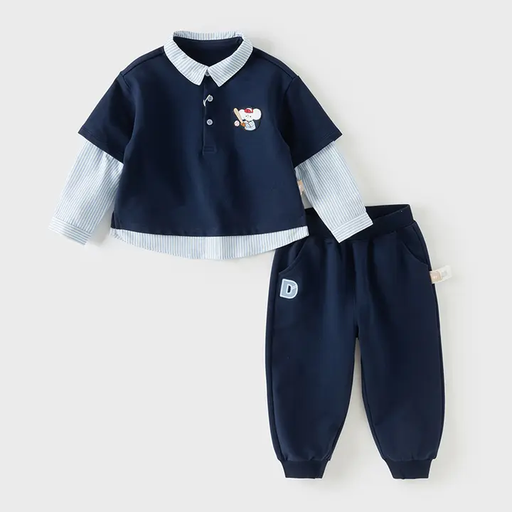 セットアップ 2点セット キッズ ボーイズ プレッピースタイル 秋物 フェイクレイヤード トップス ロングパンツ