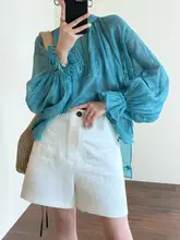 立体的なコットン刺繍で感あふれる透け感のあるボリュームスリーブシャツ
