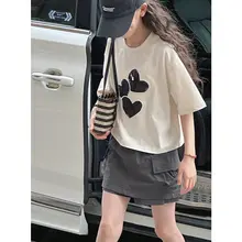 韓国風 カラーブロックデザイン 女の子用 半袖Tシャツ【夏用・カジュアル・短め】（セットアップ対応）