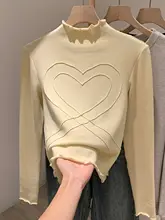 フリル付きハイネック長袖Tシャツ【秋用・可愛らしいハートデザイン・女性用】