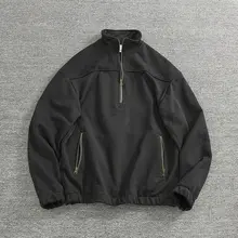 重厚なハーフジップメンズニットパーカー【ブラック・コットン・秋冬用・洗い加工】