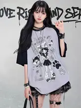 春夏用カジュアルデザインのピンク色短袖Tシャツ【アメリカンアートスタイル・ユルいシルエット・Y2K風】