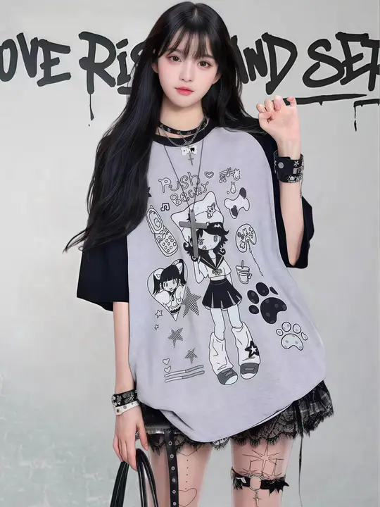 春夏用カジュアルデザインのピンク色短袖Tシャツ【アメリカンアートスタイル・ユルいシルエット・Y2K風】