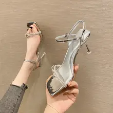 オープントゥストーン付きハイヒールサンダル【透明ストラップ・細いヒール・セクシー】