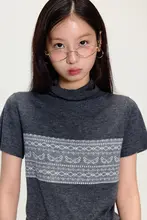 提花ウール混紡ニットトップス【クルーネック・薄手・短袖】