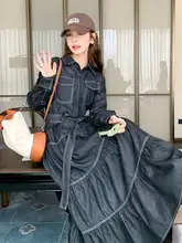 独特なデザインのデニムシャツワンピース【春秋用・ロングケーキスカート】