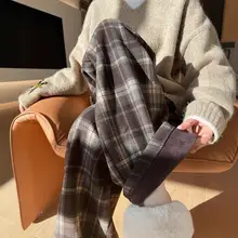 チェック柄厚手パンツ【秋冬用・ハイウエスト・スリム効果・ストレート・ワイドレッグ】（セットアップ対応）