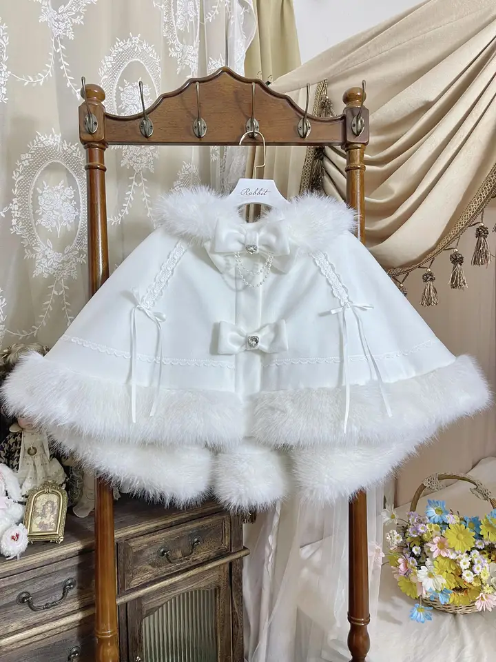 白色の毛絨むすび蝶結び付きカシミアケープ【ロリータスタイル・暖かい】