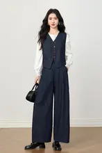 春季用ビンテージ風デニムブレザー＆ワイドパンツ【したフィット感・レディース】（セットアップ対応）