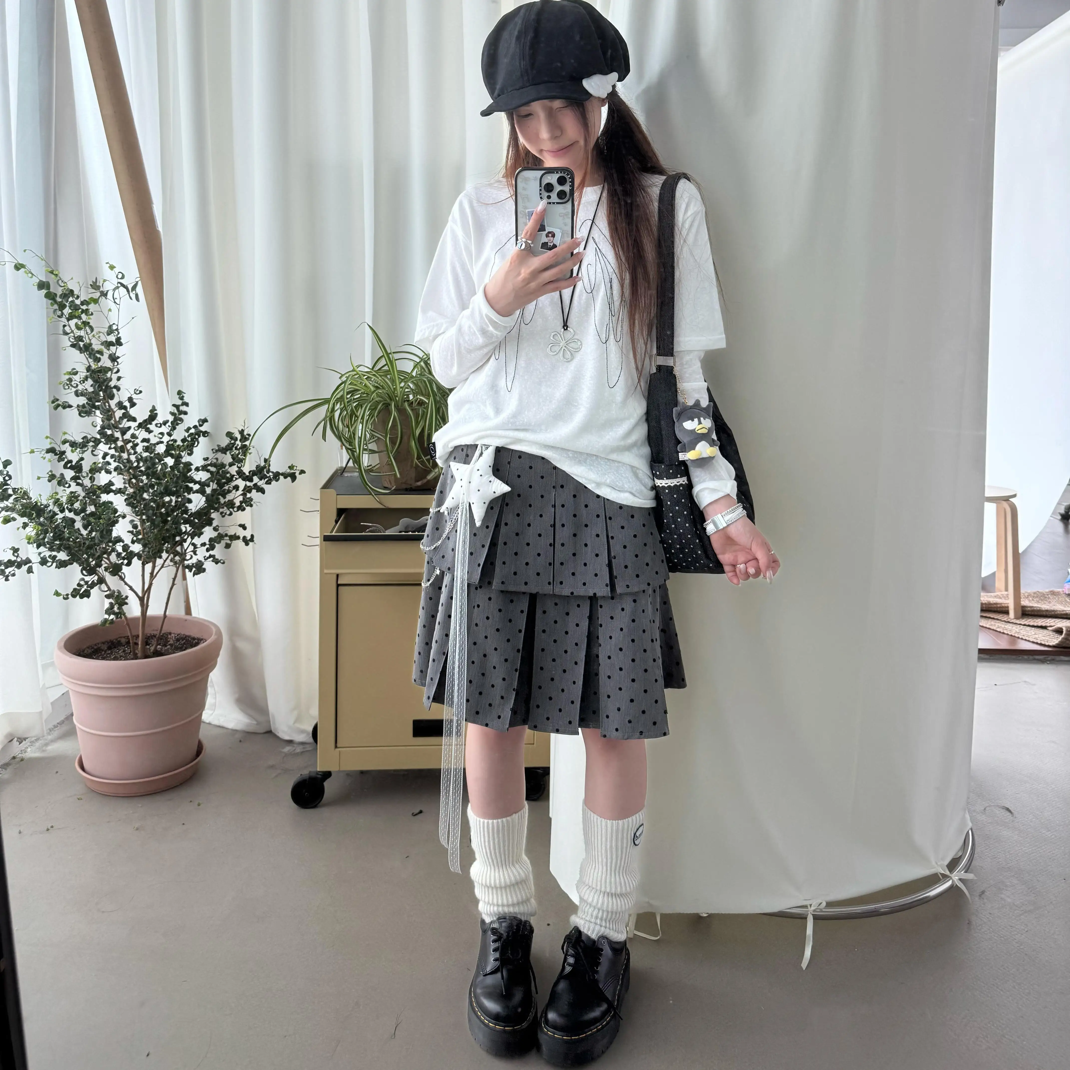 グレー系 フェルトドットプリーツスカート【Aライン・春秋用・重工デザイン】（セットアップ対応）