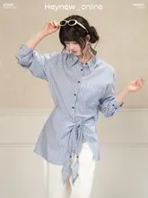 ブルーストライプエプロンデザインのシャツ【春用・ドレープ感・ルーズフィット】