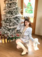 モカ小熊デザインのブルーチェック柄ワンピース【秋冬・花苞スタイル・学院風】（セットアップ対応）