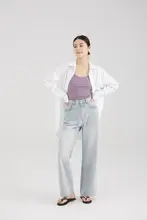 QINGLING 洗い加工ハイウエストストレートデニムパンツ【薄い白青・快適・アメリカンスタイル】
