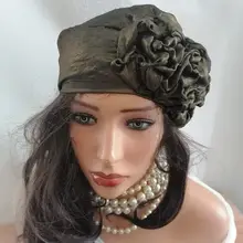 薄手の黒金色光沢フリル花デザインヘッドスカーフ【ヴィンテージスタイル・包頭帽】