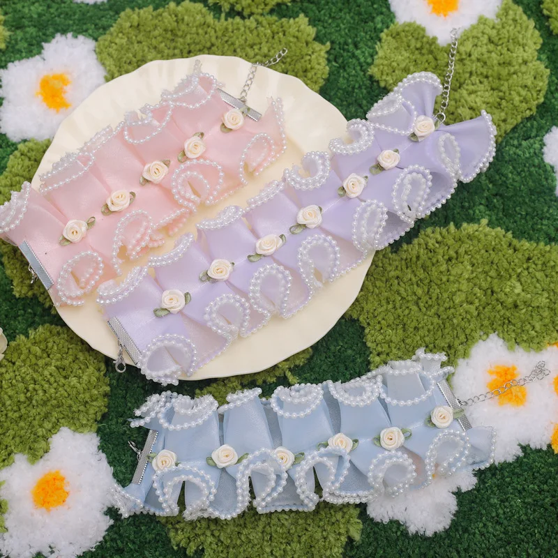 ペット用カラー 薔薇ガーデンデザイン：フリルとパールが特徴の首輪アクセサリー