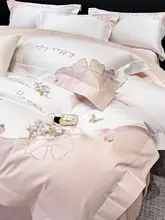 高級全棉長綿刺繍入りのベッドカバーセット【リボ ン付き・主寝室用・シーツ・ベッドスカート付き】（セットアップ対応）