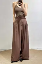 高級リネン製 夏用コーヒーブラウン ワイドレッグパンツ【ゆったりフィット・通勤対応・スリム効果】（セットアップ対応）