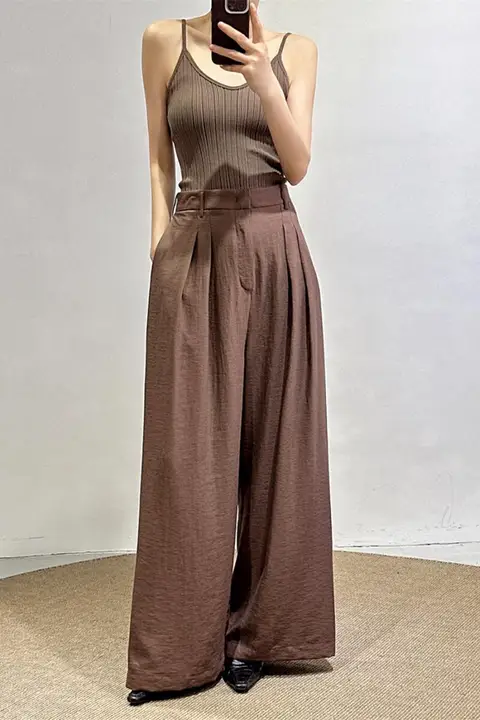 高級リネン製 夏用コーヒーブラウン ワイドレッグパンツ【ゆったりフィット・通勤対応・スリム効果】（セットアップ対応）