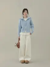 ブルーのダブルジッパーフリルニット長袖カーディガン【秋冬用・レディース】