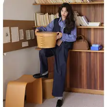 深い青色デニムストレートパンツ【レトロデザイン・ワイドレッグ・フィット】（セットアップ対応）
