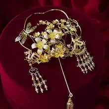 結婚式用 中華風 新婦用金色レース扇子ヘッドアクセサリー【古風・龍鳳デザイン】