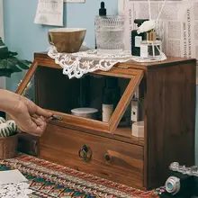 防塵ビンテージ調引き出し付きデスクオーガナイザー【マグカップ収納・ティーセット・化粧品や小物の整理】